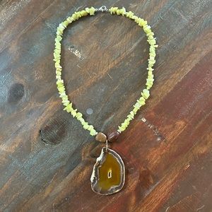 Genuine Lime Green Jade and Geode Slice Pendant Necklace 18.5 Inches